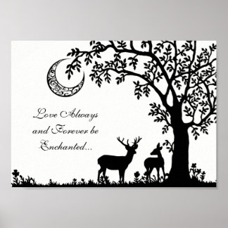Poster Amour toujours enchanté lune arbre et cerf couple