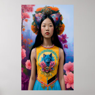 Poster Amoureux des chats fille avec fleurs