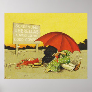 Poster Amoureux parasol vintage plage 