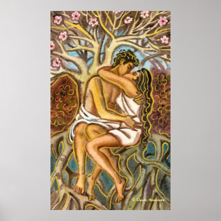 Poster Amoureux s'embrassant sous un arbre en fleurs