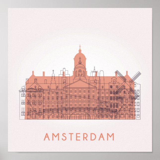 Poster Amsterdam, Netherlands | Skyline of Landmark (Devant)