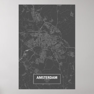 Poster Amsterdam, Pays-Bas (blanc sur noir)