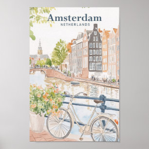 Poster Amsterdam Pays-Bas Gouache Illustration Voyage