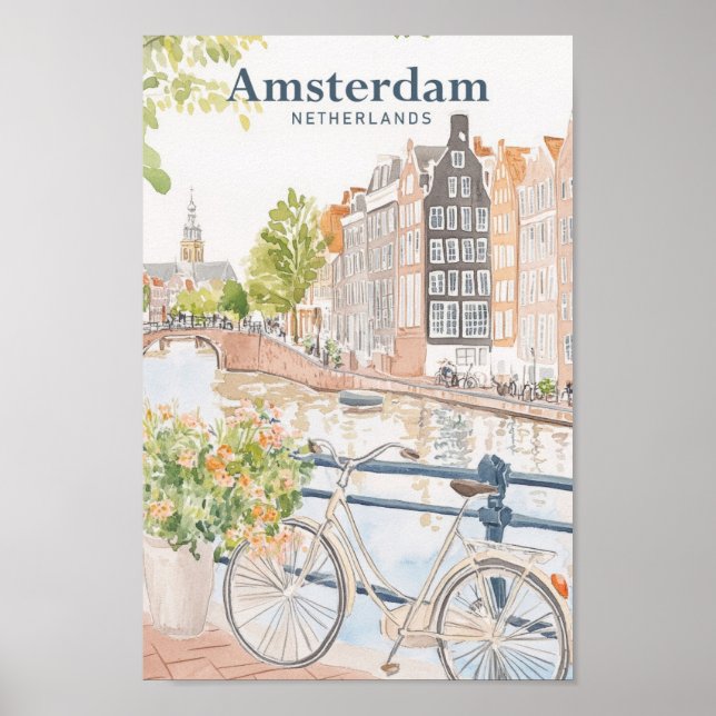 Poster Amsterdam Pays-Bas Gouache Illustration Voyage (Devant)