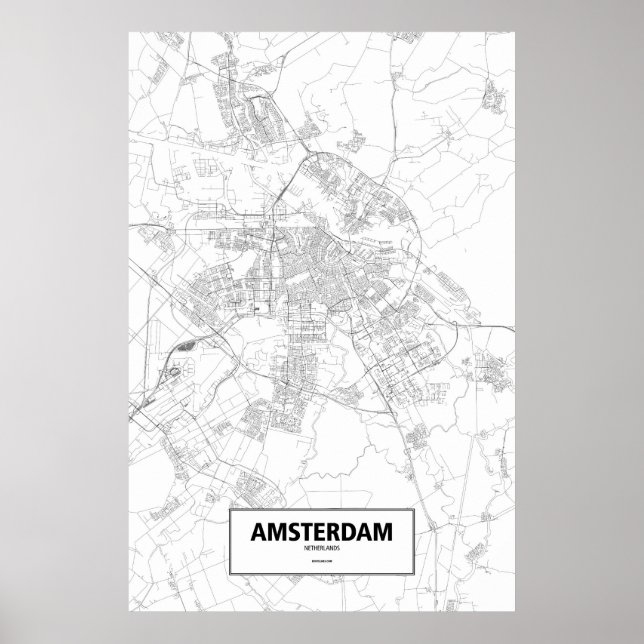 Poster Amsterdam, Pays-Bas (noir sur blanc) (Devant)