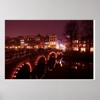 Poster Amsterdam ville par la nuit dans la Pays-Bas