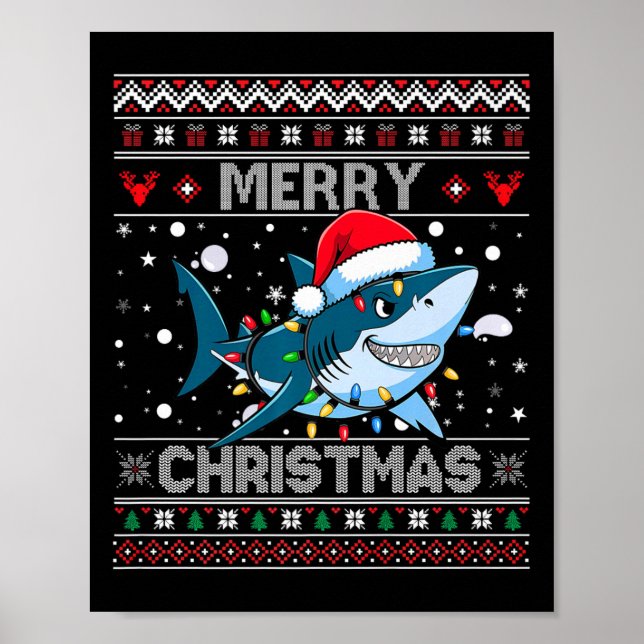 Poster Amusant Joyeux Vilain Requin de Noël Santa Hat Lum (Devant)
