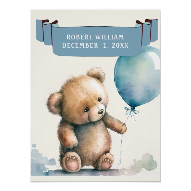 POSTER AMUSANT OURS DE TEDDY AVEC BALLOON BLEU NOM ENFANT (Devant)