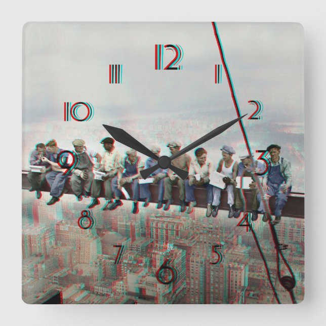 Poster Anaglyph 3D- Lunch atop Skyscraper New York Quadratische Wanduhr (Vorderseite)