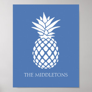 Poster Ananas blanc chic sur fond bleu