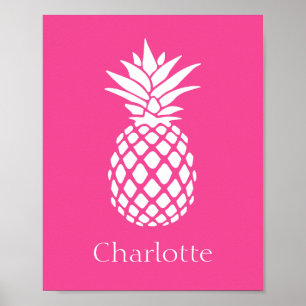 Poster Ananas blanc chic sur fond rose