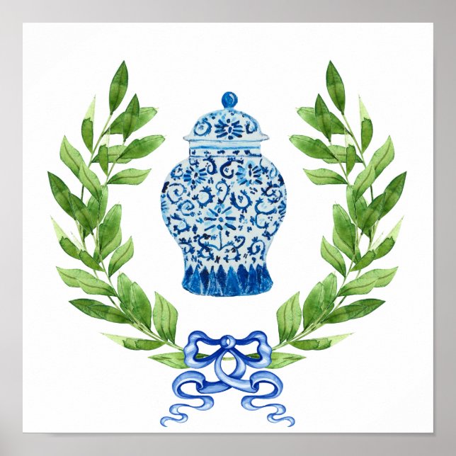 Poster Ananas bleu et blanc Ginger Jar Art Imprimer Poste (Devant)