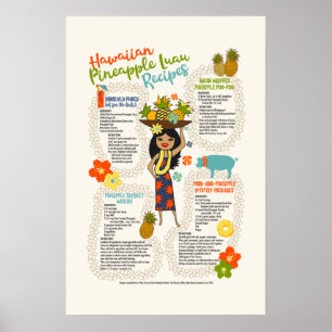 Poster Ananas Luau Hawaiian Hula Girl Recettes Vintages