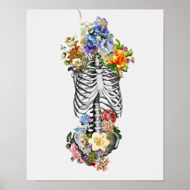 Poster Anatomie Art Imprimer Squelette Fleurs | Mur Médic (Devant)