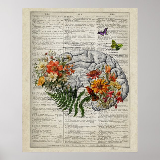 Poster Anatomie du cerveau avec fleurs et papillons (Devant)