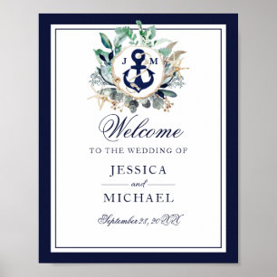 Poster Anchor Monogram Greenery Wreath Wedding Welcome