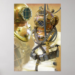 Poster Ancien costume et casque de plongée profonde