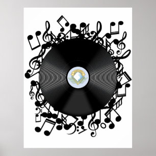 Poster Ancien disque vinyle et notes de musique