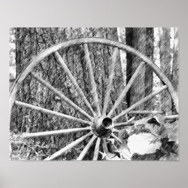 Poster Ancien Wagon Roue Noir Crayon Art (Devant)
