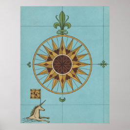 Poster Ancien windrose licorne drapeau de la Renaissance 