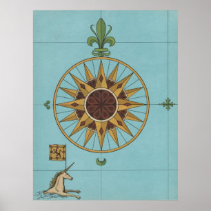 Poster Ancien windrose licorne drapeau de la Renaissance