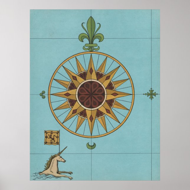 Poster Ancien windrose licorne drapeau de la Renaissance  (Devant)