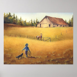 Poster ANCIENNE BARN, APALOOSA, GARÇON & CHIEN par SHARON