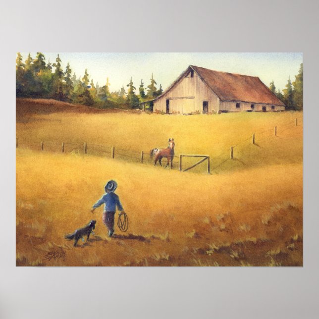 Poster ANCIENNE BARN, APALOOSA, GARÇON & CHIEN par SHARON (Devant)