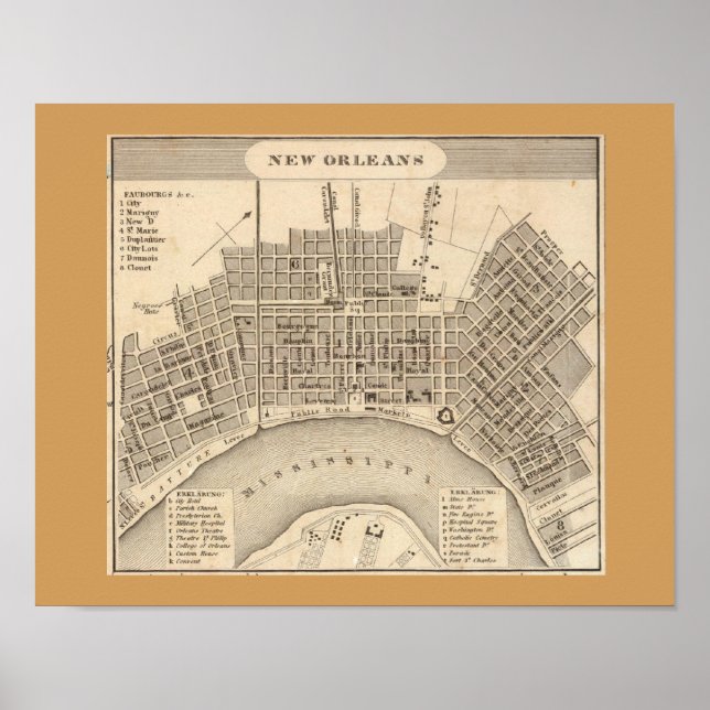 Poster Ancienne carte de la Nouvelle-Orléans, LA (Devant)