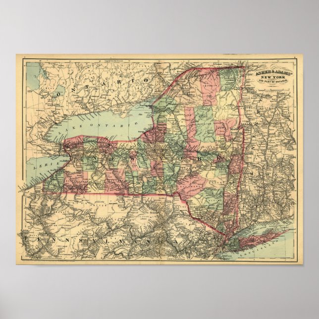 Poster Ancienne carte de l'État de New York 1871 (Devant)