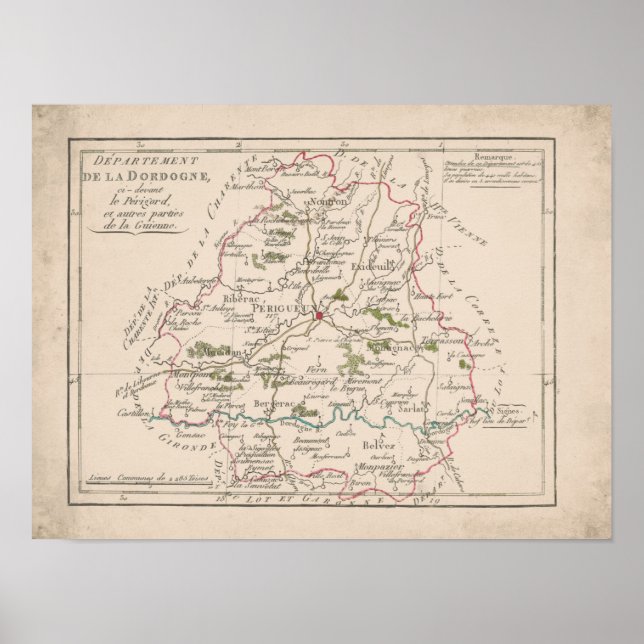 Poster Ancienne Carte - Département de la Dordogne (Devant)