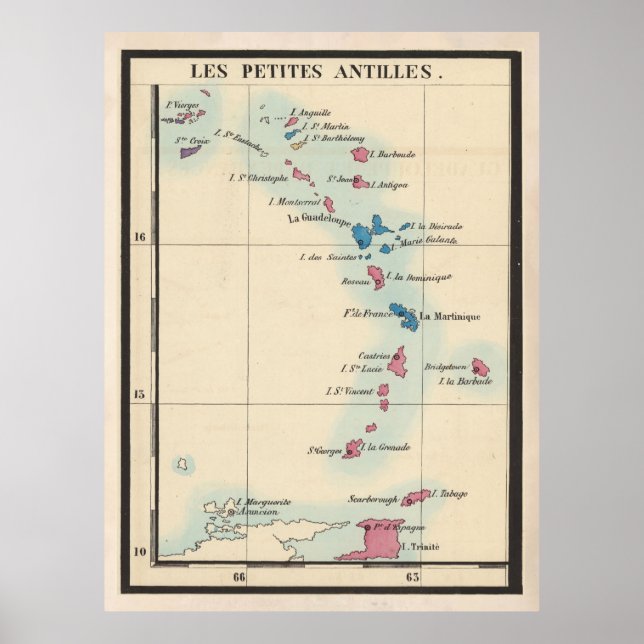 Poster Ancienne carte des Petites Antilles (1844) Caraïbe (Devant)