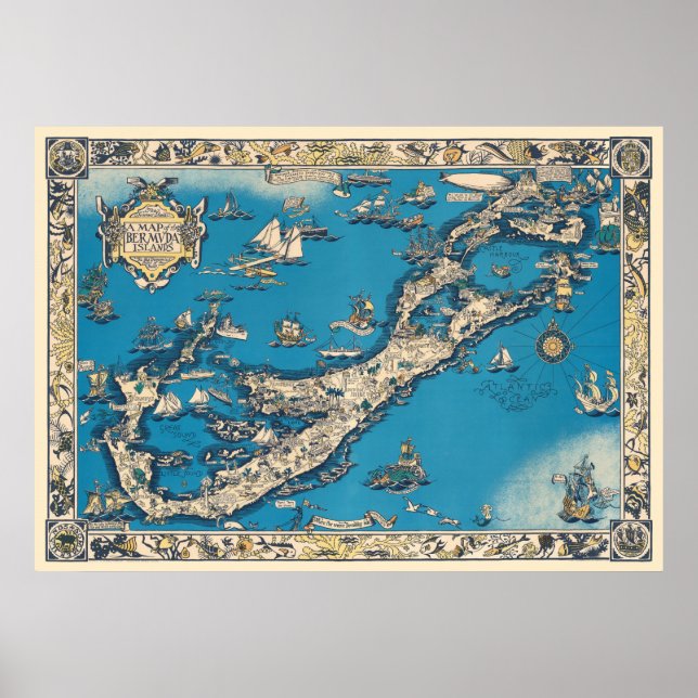 Poster Ancienne carte vintage des Bermudes (Devant)