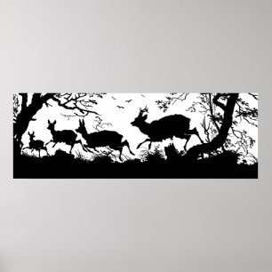 Poster Ancienne gravure allemande du cerf en fuite en for