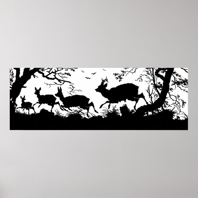 Poster Ancienne gravure allemande du cerf en fuite en for (Devant)