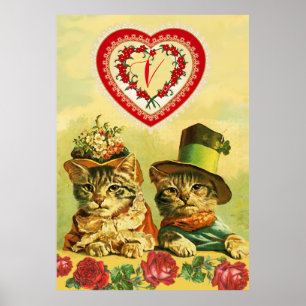 POSTER ANCIENNE MODE AMUSANTE VALENTINES JOURNÉE CHATS, C