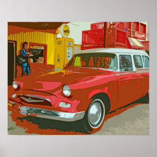 Poster Ancienne voiture rouge à Old Service Station Poste