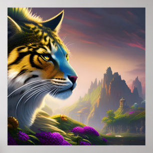 Poster Ancient Tiger Surveys his kingdom,  Purple Flowers