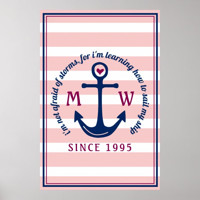 Poster Ancre Coeur rose rayures Monogramme nautique Logo (Devant)