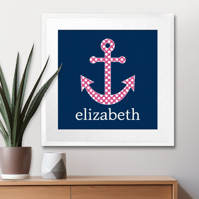 Poster Ancre de point rose mignon avec nom personnalisé M (Nautical Anchor Poster with Custom Name)