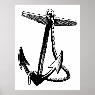 Poster Ancre et corde vintage de bateau noir et blanc