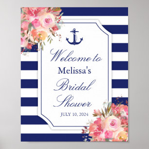 Poster Ancre florale marine Fête des mariées à bande bleu