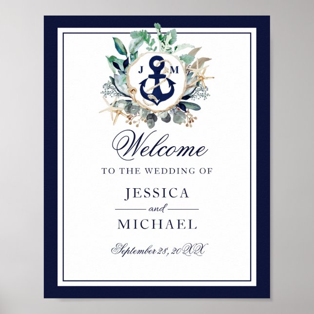Poster Ancre Monogramme Verdure Mariage de couronne Bienv (Devant)