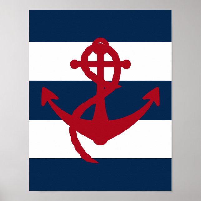 Poster Ancre nautique en rouge, bleu marine et blanc (Devant)