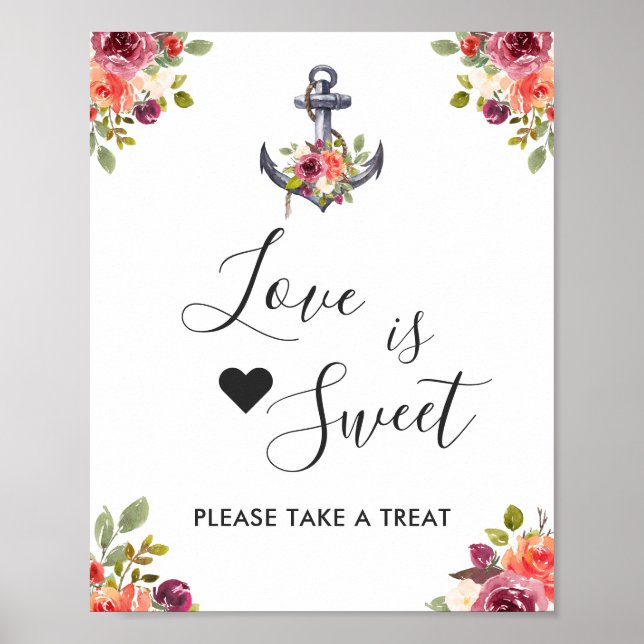 Poster Ancre nautique Floral Love is Sweet Dessert Bar (Devant)