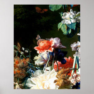 POSTER ANÉMONES ROSES ROUGES FLEURS BLANCHES, PAPILLON EN