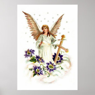 Poster Ange avec croix et fleurs de clématite