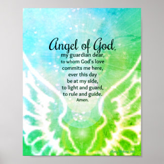 Poster Ange de Dieu Prière du Gardien Bleu Vert Aquarelle