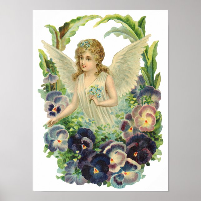Poster Ange de Pâques victorien avec Fleurs de Pansy Viol (Devant)