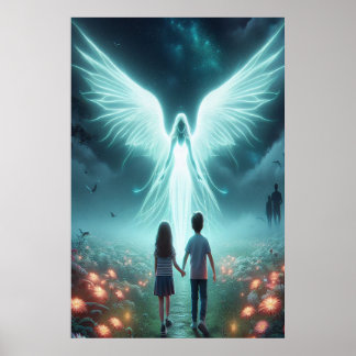 Poster Ange gardien + Deux enfants marchant sur un chemin